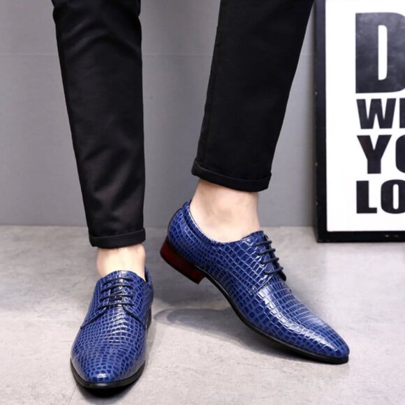 Santimon Men's US 8, 10 Blue Alligator Pattern Pointed Toe Lace Up Derby Shoes - Picture 10 of 11